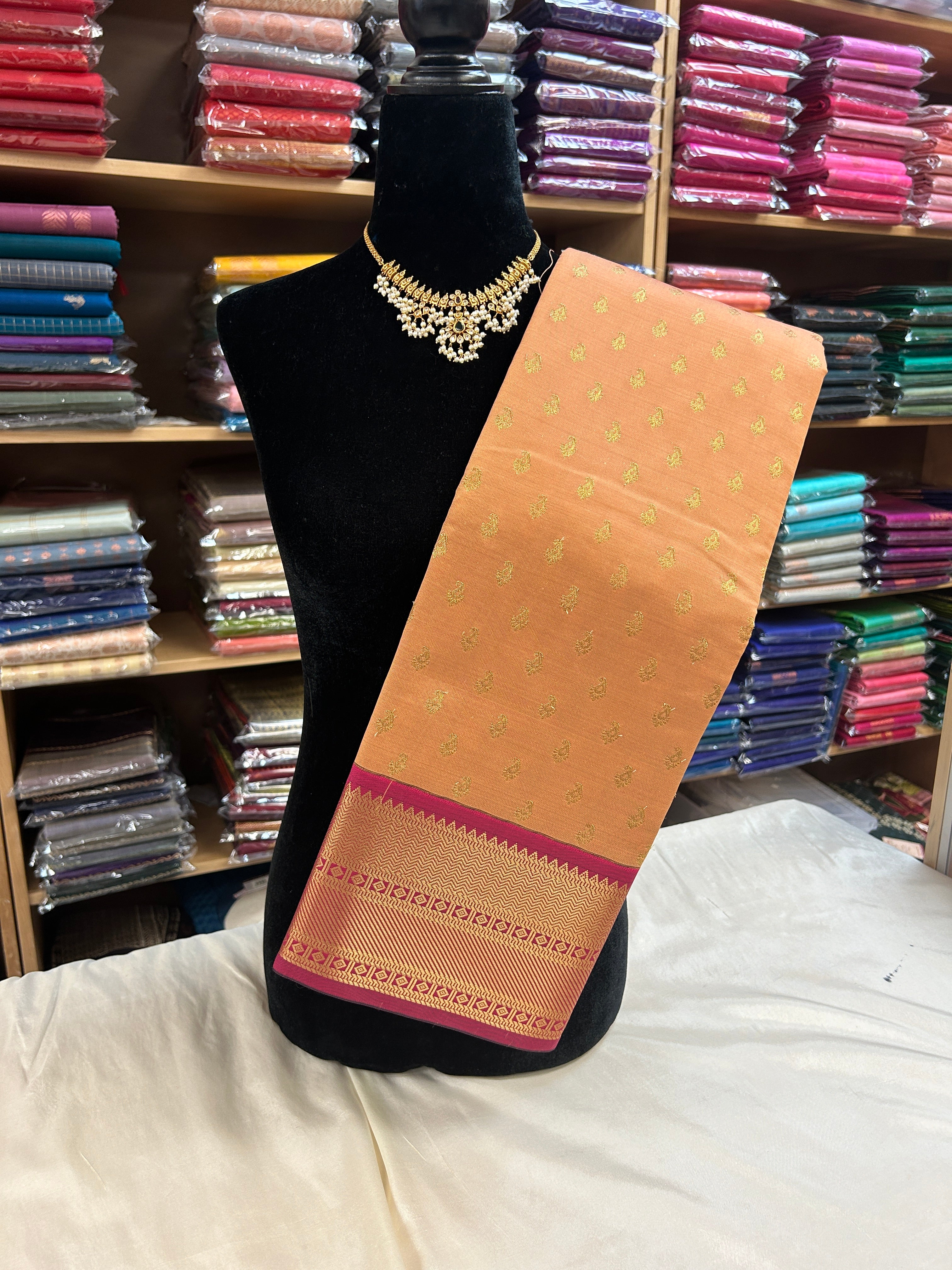 Kanchipuram soft Semi silk saree  with contrast blouse and rich jari pallu