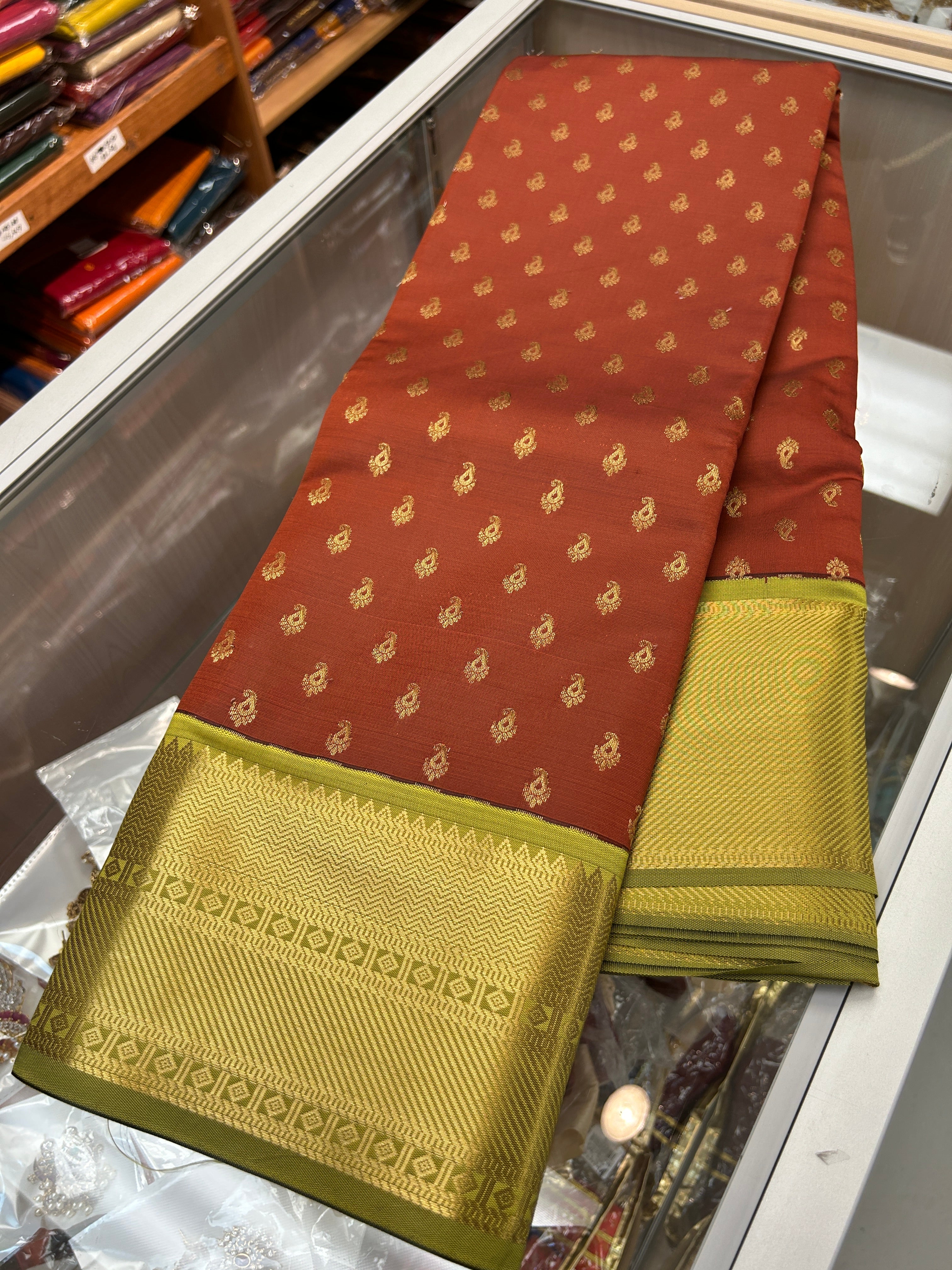 Kanchipuram soft Semi silk saree  with contrast blouse and rich jari pallu