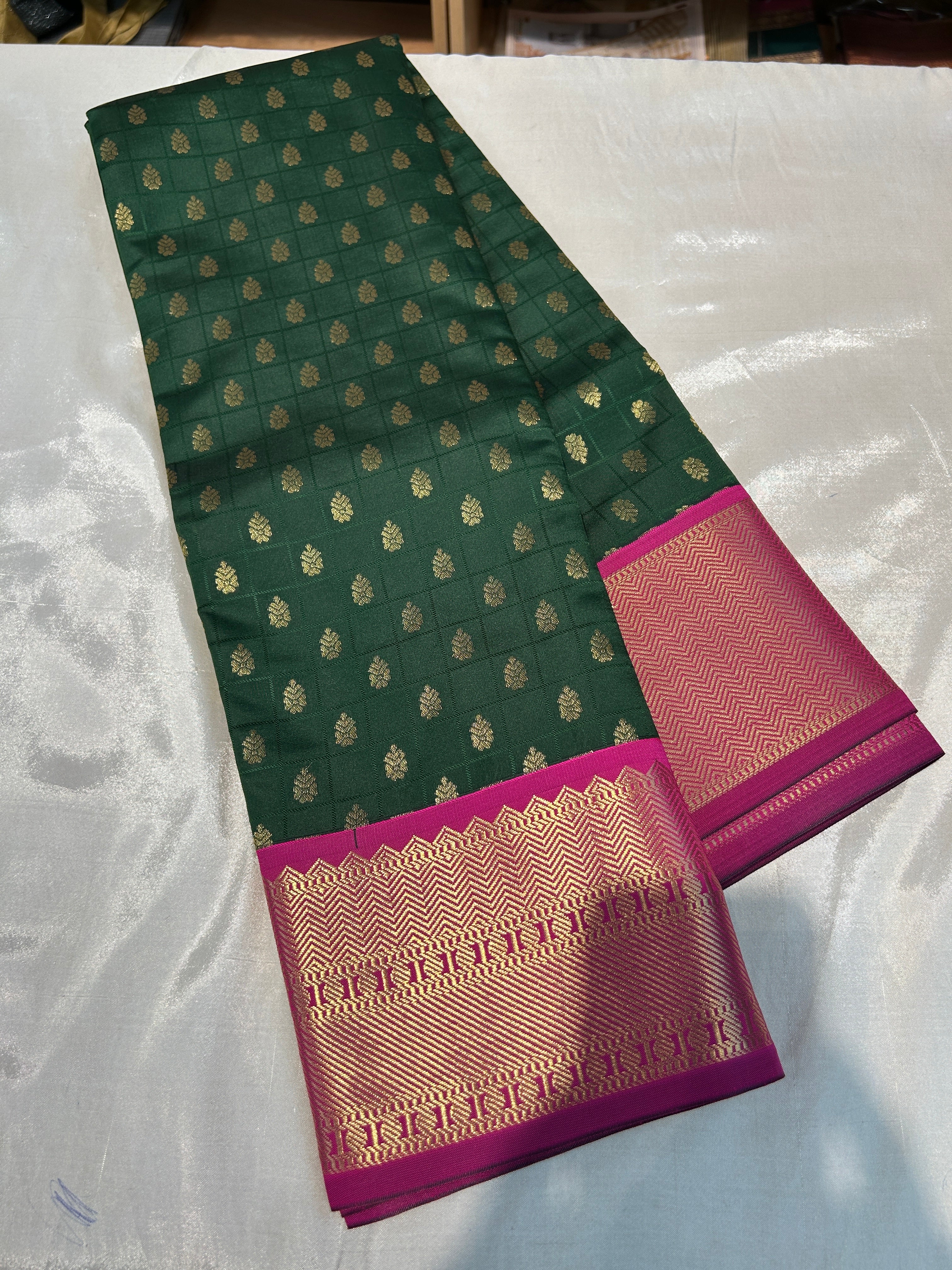 Kanchipuram soft Semi silk saree  with contrast blouse and rich jari pallu