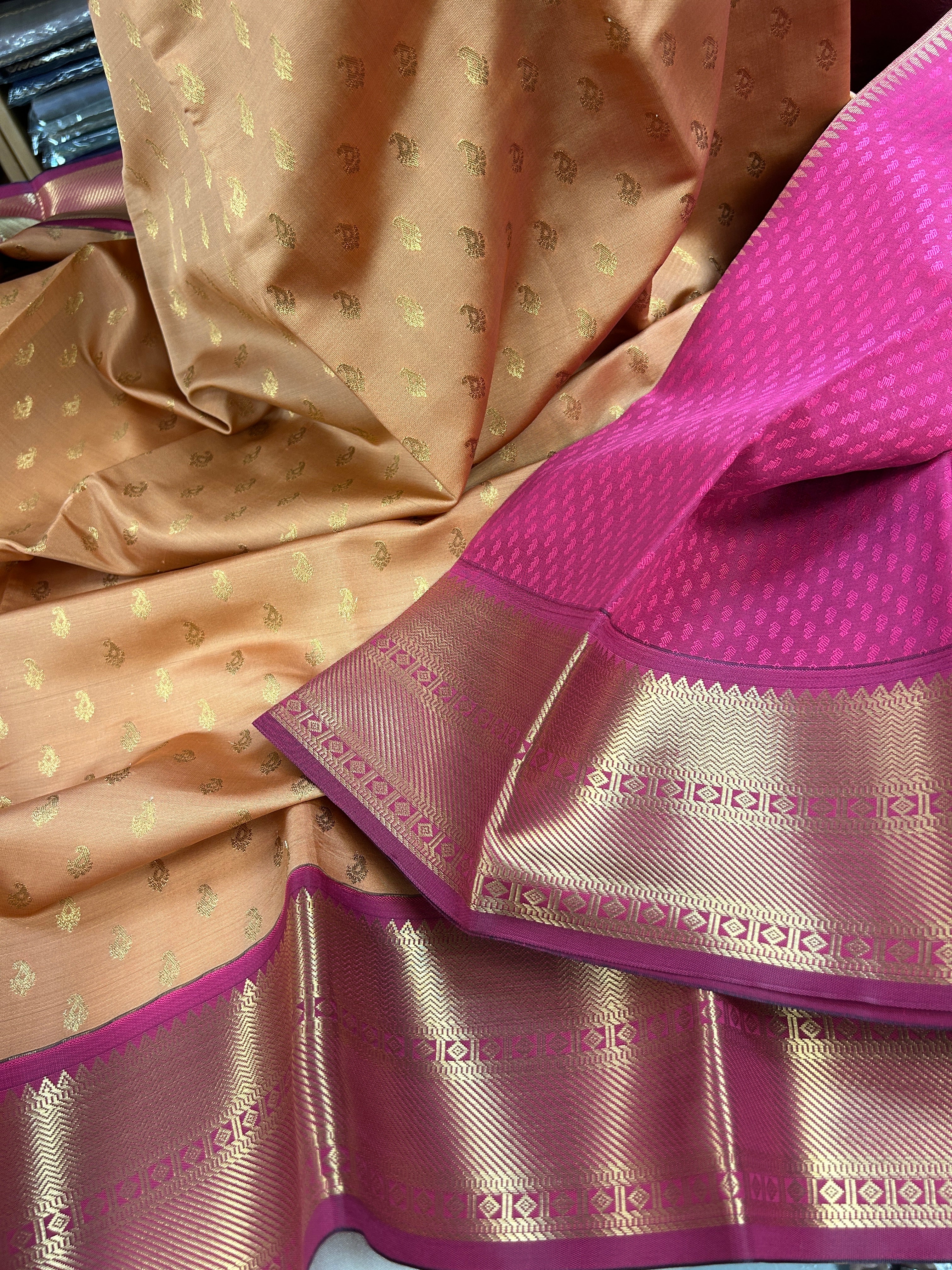 Kanchipuram soft Semi silk saree  with contrast blouse and rich jari pallu