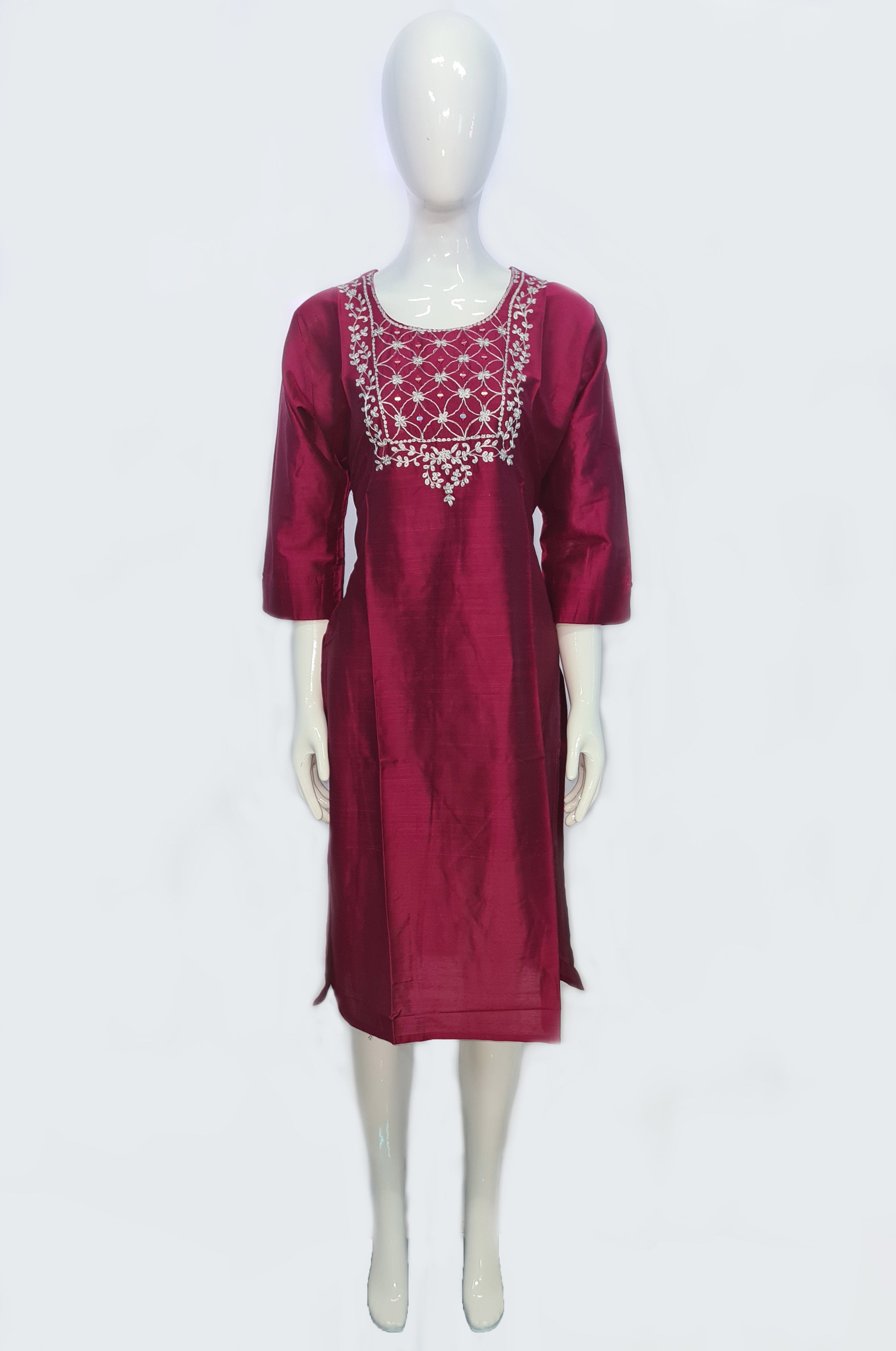 Bangalore Silk Kurtis With Mirror Neck Work