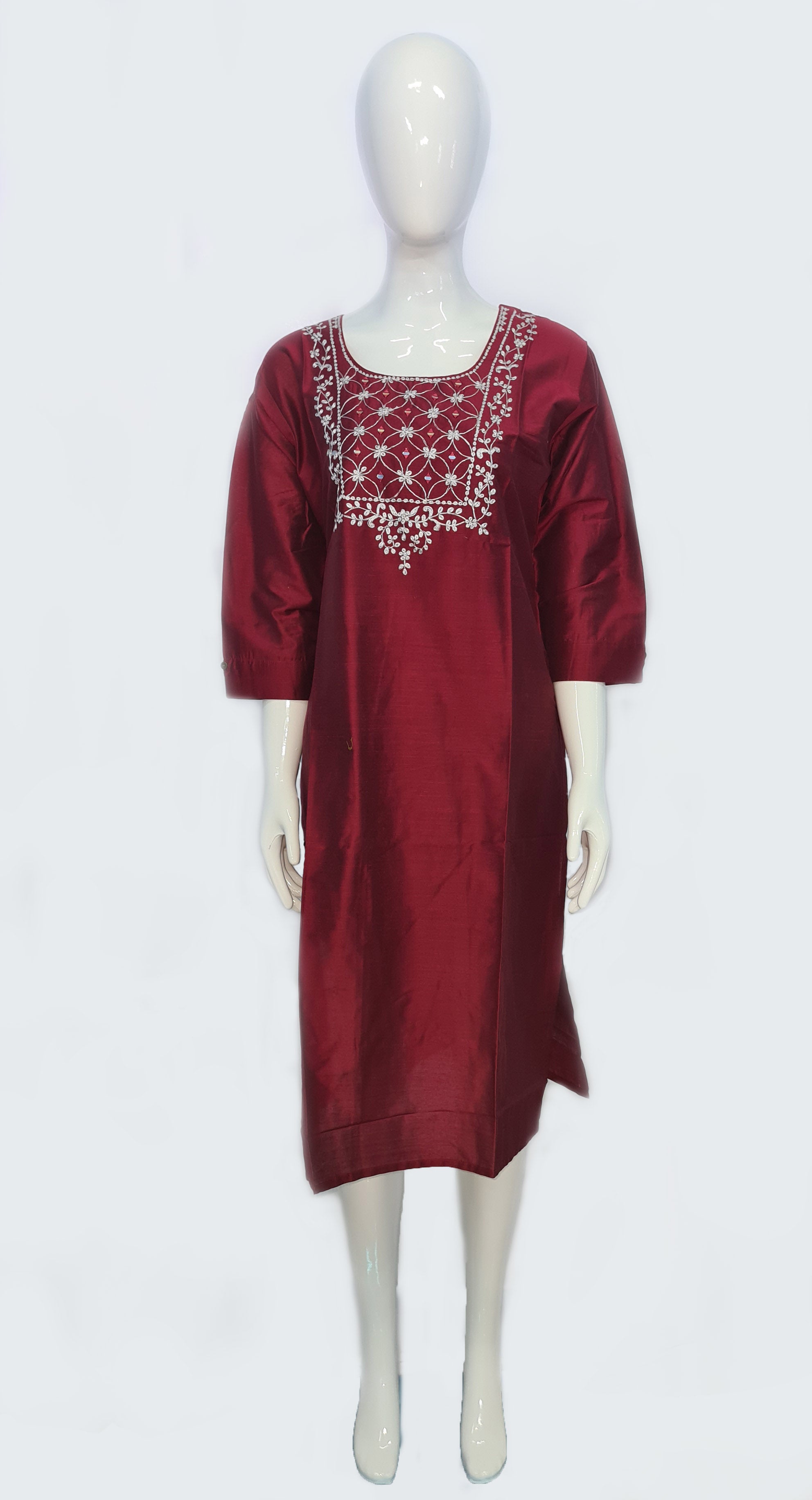 Bangalore Silk Kurtis With Mirror Neck Work