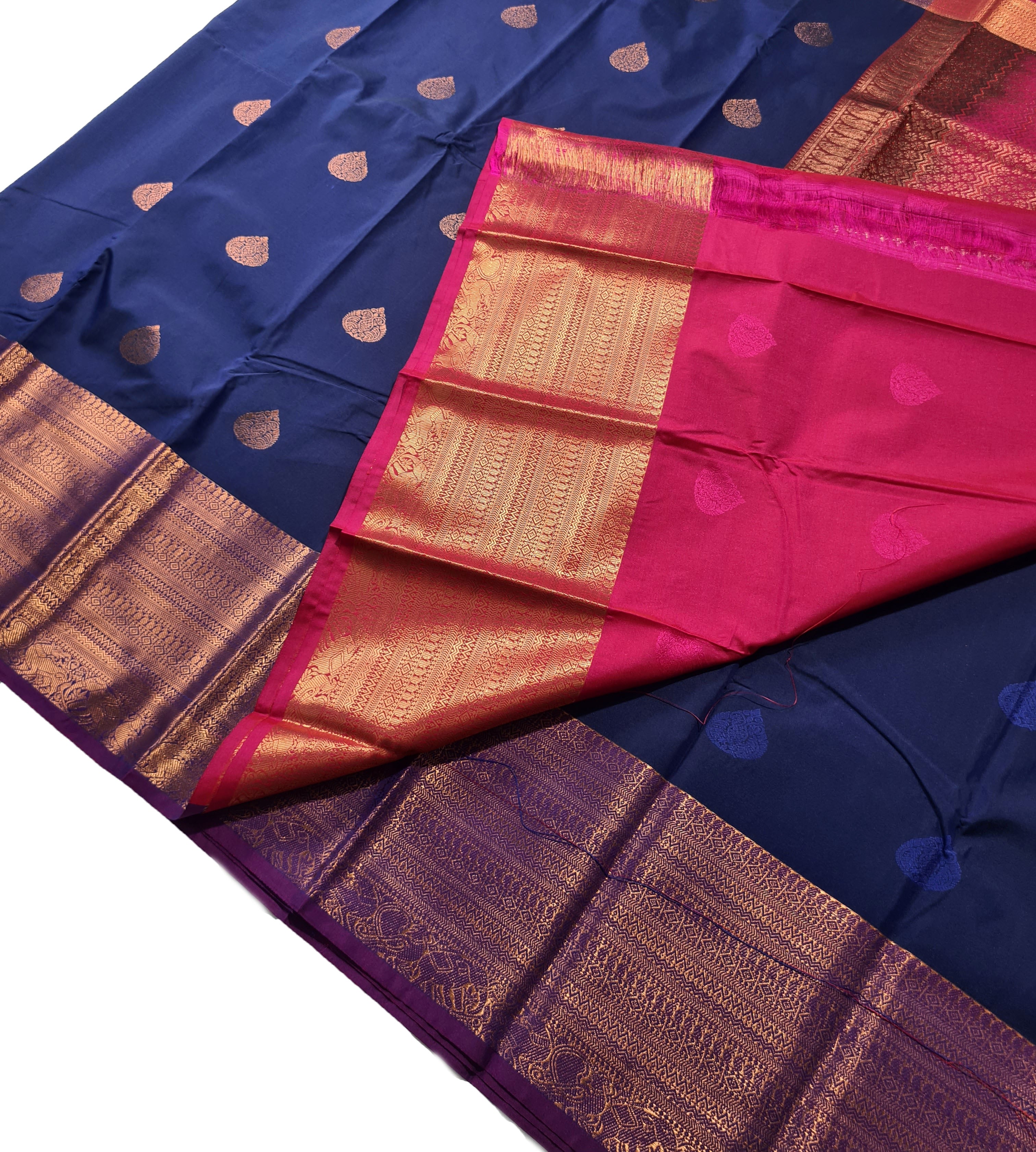 Kanchi Vegan Silk Saree With Contrast Blouse and Rich Jari Pallu