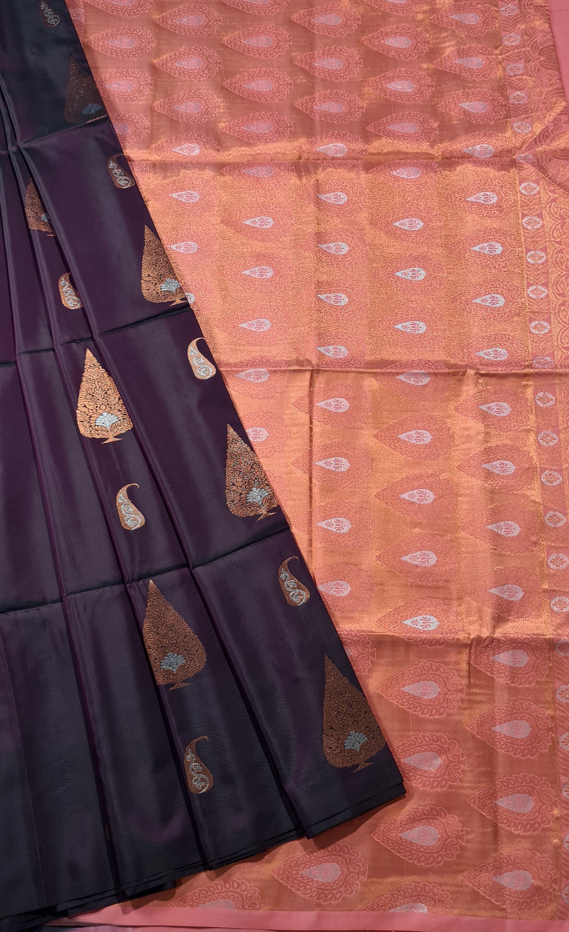 Kanchi Vegan Silk Saree With Contrast Blouse and Rich Jari Pallu