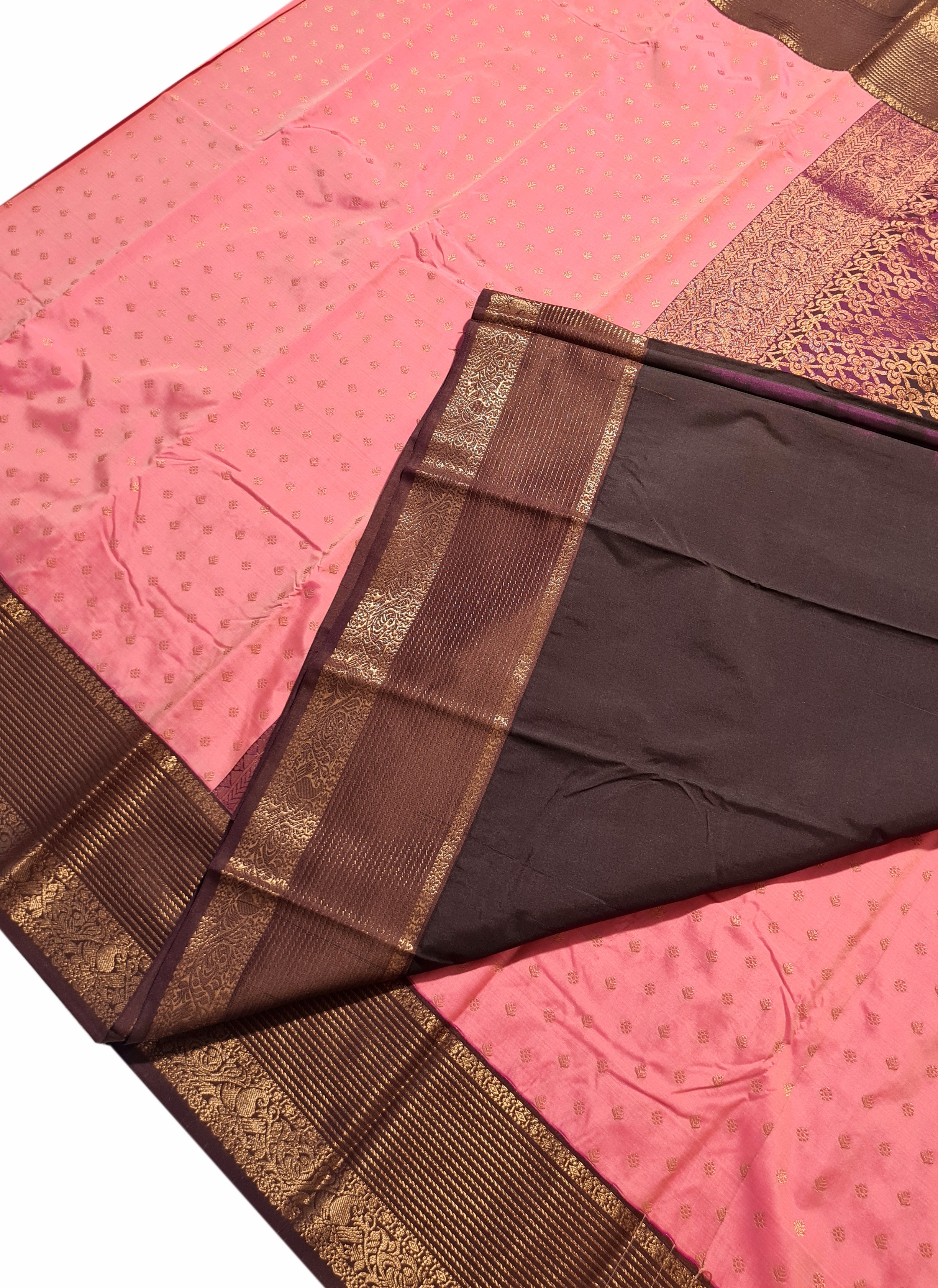 Kanchi Vegan Silk Saree With Contrast Blouse and Rich Jari Pallu