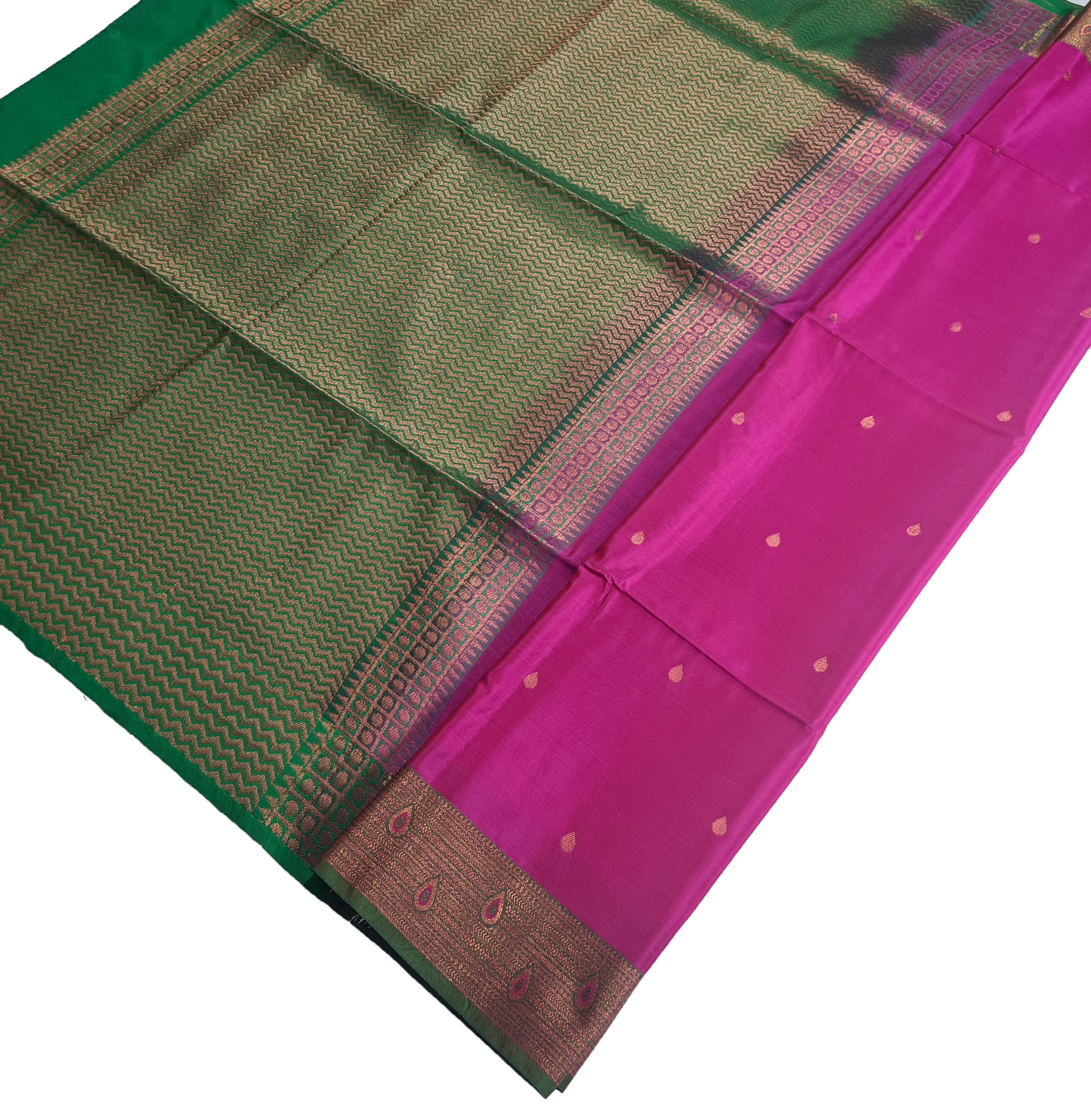 Kanchi Vegan Silk Saree With Contrast Blouse and Rich Jari Pallu