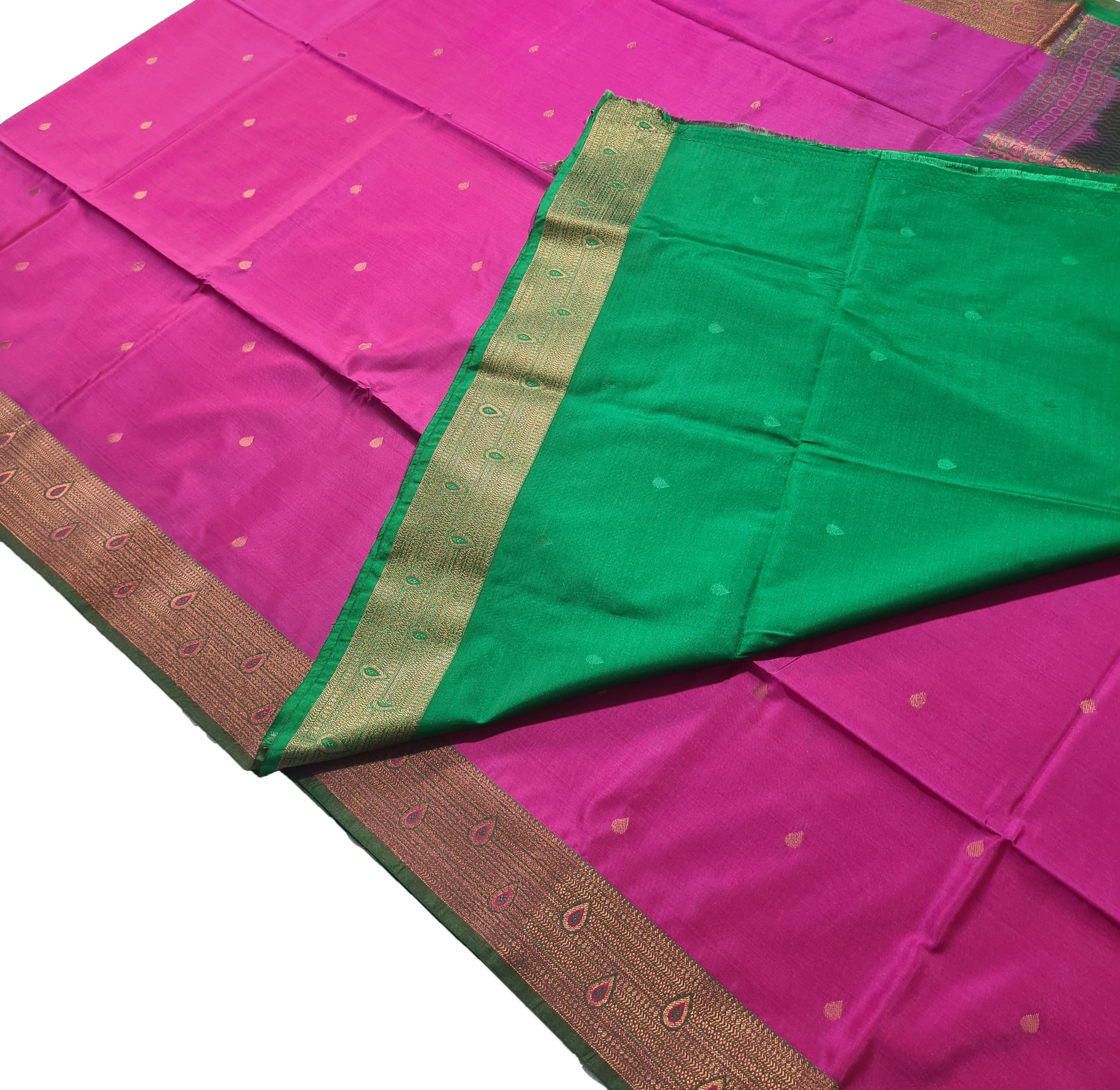 Kanchi Vegan Silk Saree With Contrast Blouse and Rich Jari Pallu