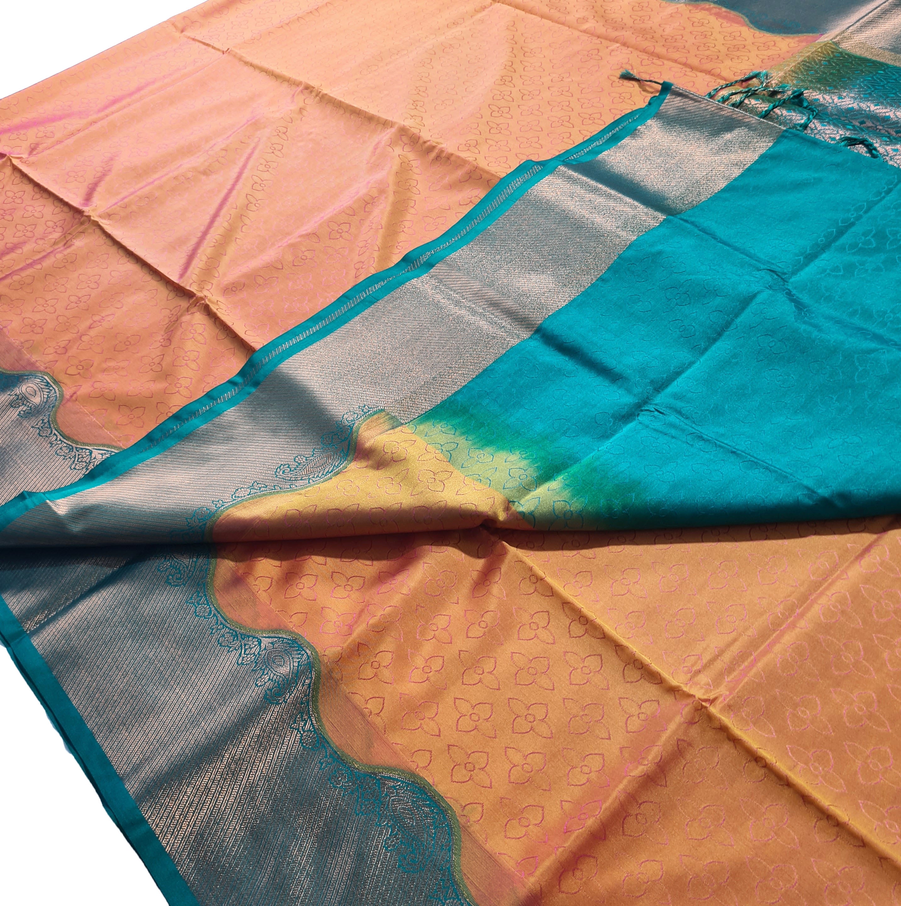 Kanchi Vegan Silk Saree With Contrast Blouse and Rich Jari Pallu