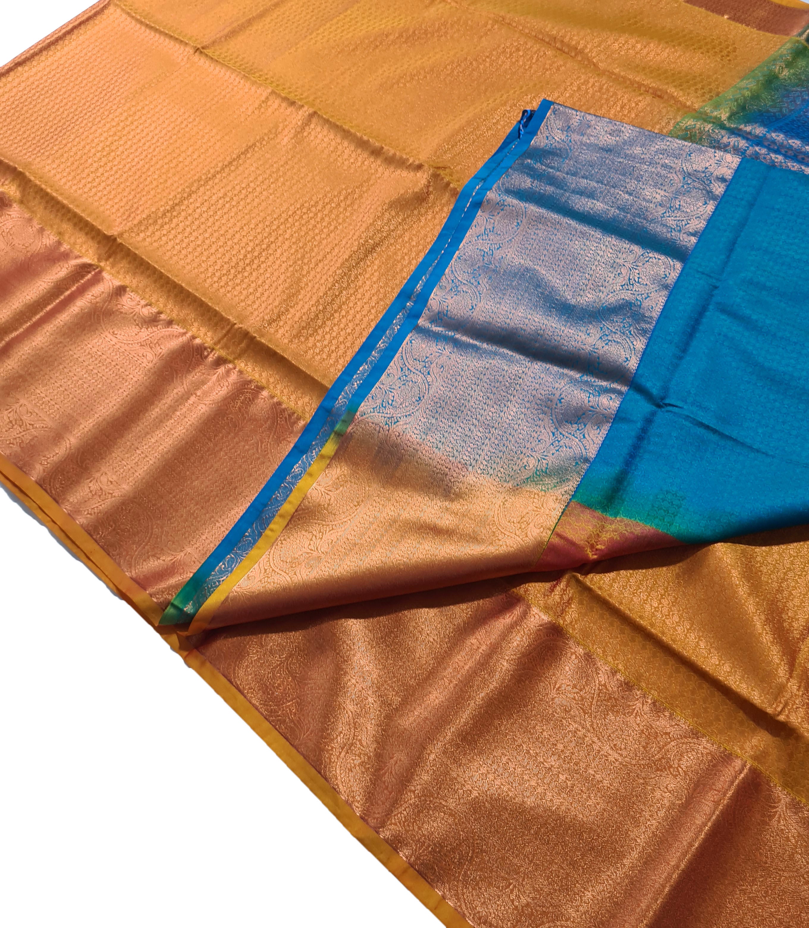 Kanchi Vegan Silk Saree With Contrast Blouse and Rich Jari Pallu