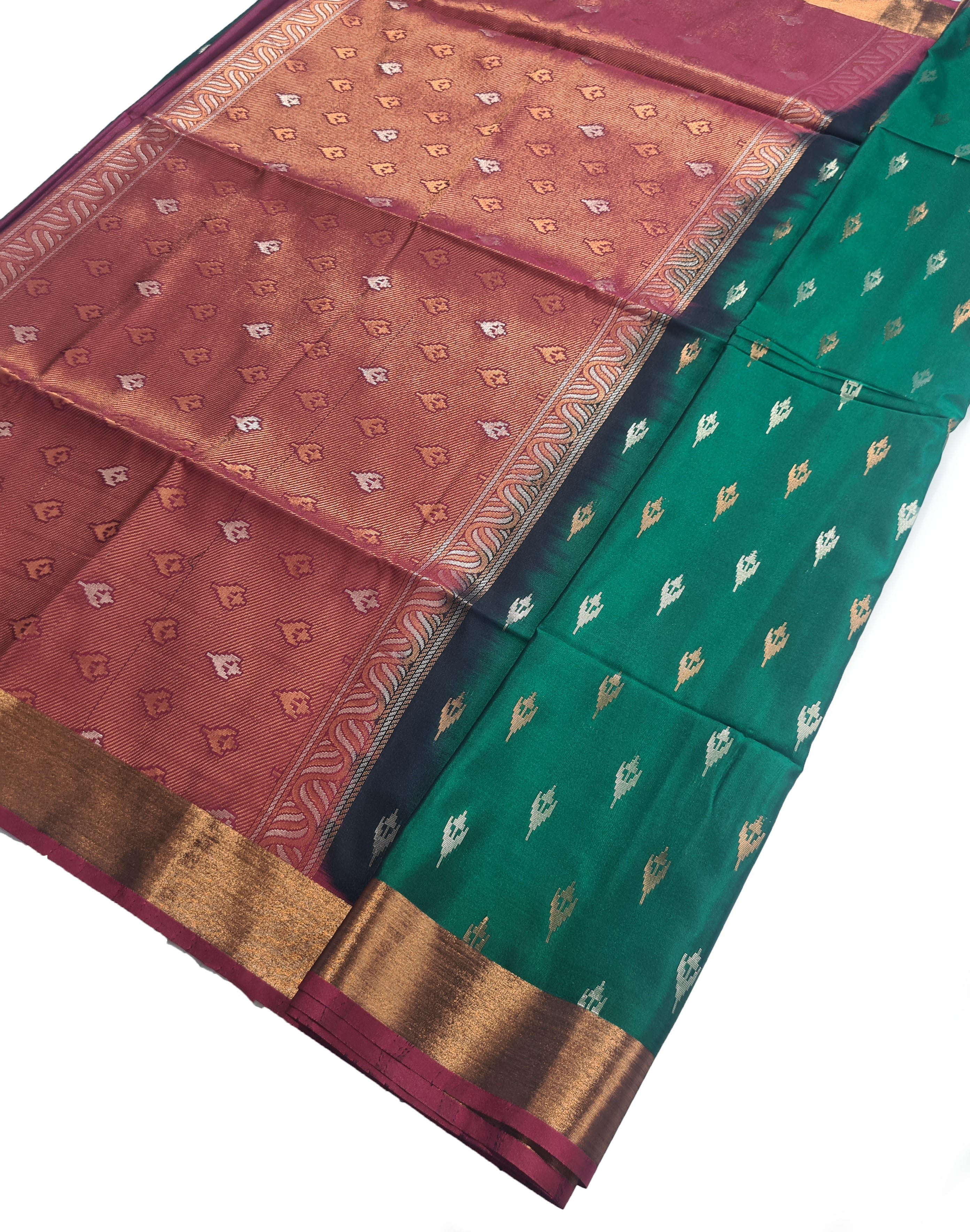 Kanchi Vegan Silk Saree With Contrast Blouse and Rich Jari Pallu