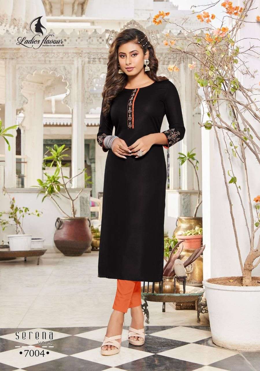 Ladies Flavour Presents Serena Vol-7 Rayon Embroidery Work Kurtis Collection