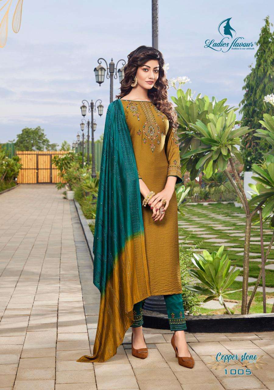 LADIES FLAVOUR PRESENTS COPPER STONE  READYMADE TOP WITH BOTTOM AND DUPATTA KURTI